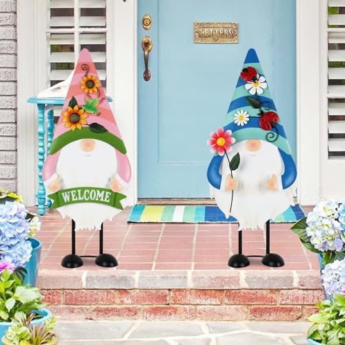 YEAHOME Garden Decor for Outside, Set of 2 Gnomes 23.6" Metal Porch Standings for Yard Decorations Outdoor, Spring Welcome Home Porch Sign for Outdoor Front Door Garden Lawn Backyard (Blue, Pink) 2 51gJCig8nOL. AC