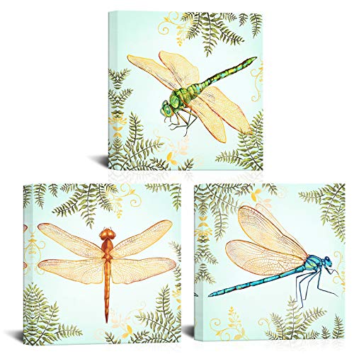 Lovehouse 3 Pieces Modern Animal Wall Art Watercolor Dragonfly Flying Pictures Canvas Print Framed Insect Nature Giclee Artwork For Living Room Home Decor Ready To Hang 12X12Inchx3Pcs #TOP18