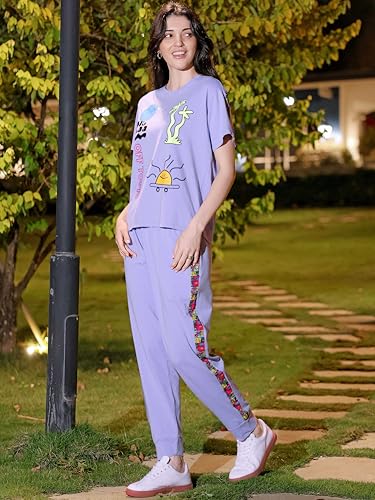 Image of ZEYO Night Suit for Women's Typography Printed Cotton Night Dress of Top and Joggers