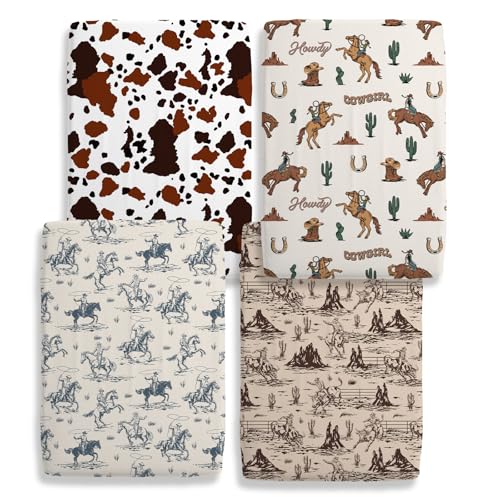 Image of 4 Pack Western Cowboy Crib Sheet Set for Boys or Girls, Neutral Soft Breathable Fitted Crib Sheet, Western Nursery Decor for Standard Crib and Toddler Bed Mattresses 28 x 52 in