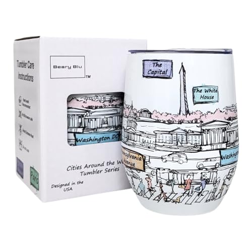 Beary Blu Cities Around the World 12 Oz Tumbler Series - Designed in the USA - Vacuum Insulated Tumbler with Lids - Stainless Steel Wine Coffee Water Travel Mug, for Hot Cold Drink (Washington DC)