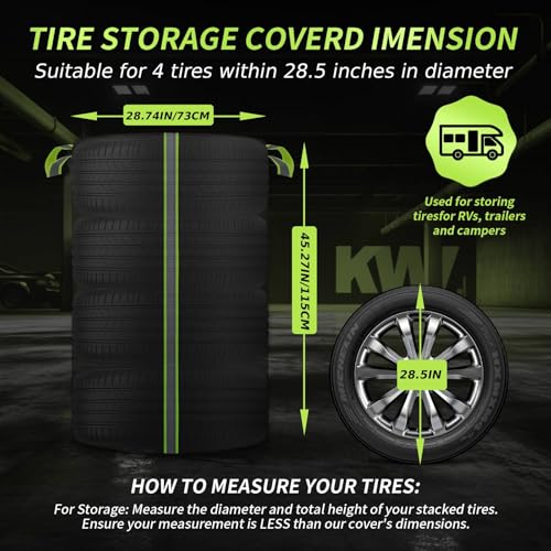 Image of Tire Cover for Storage, 420D Oxford Waterproof Up to 28in Tire Bag with Reflective Handles 4 Felt Pads, Fits 4 Tires Storage Bag W /Zipper & Drawstring Lock for UV Protection, Dirt-Resistant