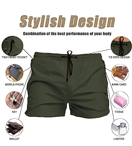 Mens Swim Trunks Quick Dry Swimwear Zipper Pockets, Swim Shorts With Mesh Lining Armygreen #TOP4