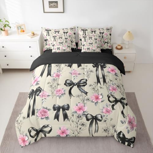 Image of Black Bow Tie 7 Piece Comforter Set Full Bed in a Bag | Boho Floral Pink Flowers Bedding Sets Princess Bow Comforter and Sheet Set, Girly Ribbon Bowknot Bed Sets,Cute Room Decor Aesthetic Kawaii