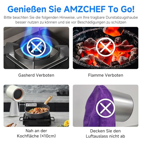 AMZCHEF Mobile Dunstabzugshaube, Tragbare Abzugshaube Keine Installation mit 3 Geschwindigkeitsmodi und Mehrere Filtersysteme, LED-Licht, Große Öl-Auffangschale, Geräuscharmut(Weiß)