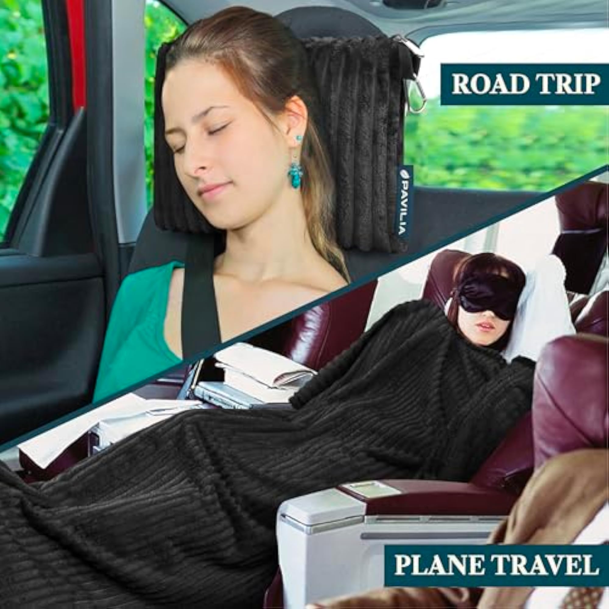 Travel Blanket Pillow, Soft Ribbed Fleece Airplane Blanket, Black