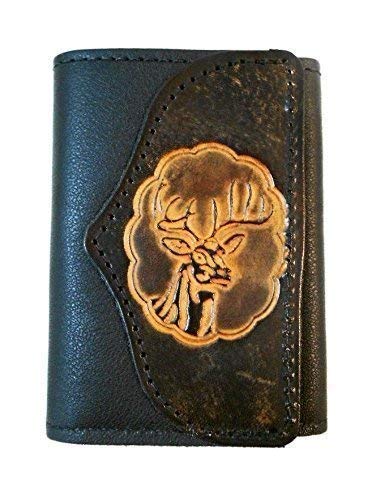 Made in USA - Hilltop Leather Company Mens Handcrafted Leather Trifold Wallet - Deer Design