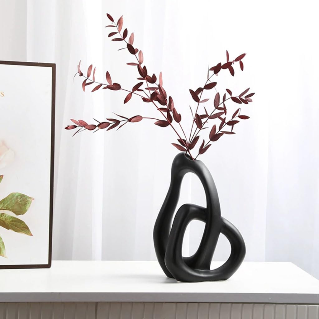 Jarrón Moderno Abstracto de cerámica con Forma Hueca Doble, jarrón de Flores Entrelazado, jarrón Decorativo Escultura para Plantas secas y Ramas de Hojas Artificiales,Negro