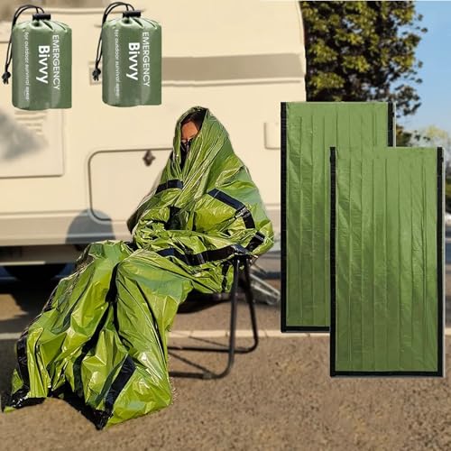 JUBSOSCAMP Emergency Sleeping Bag, Polyester Film Bivy Sack Survival Bag with Drawstring Dag and Whistle for Earthquakes, Hurricane, Hiking, Camping (3 Green Single Sleeping Bag)