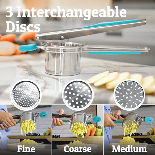 Image of PriorityChef Large 15oz Potato Ricer With 3 Discs, Heavy Duty Stainless Steel Potato Ricer for Mashed Potatoes, Potato Masher, Press and Ricer Kitchen Tool, Turquoise