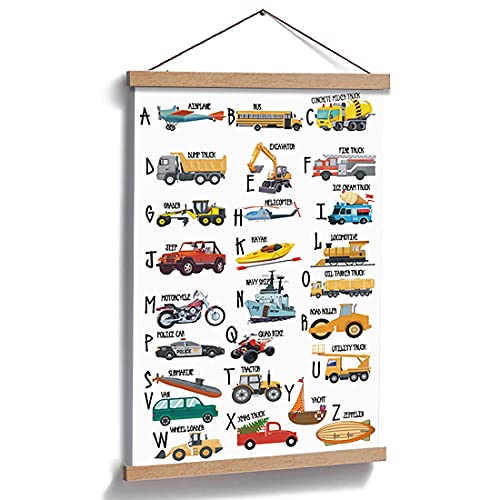 Image of HPNIUB Natural Wood Magnetic Hanger Frame ABC Alphabet Transportation Poster- Colorful Canvas Wall Art Print, Cartoon Construction Truck Picture,28X45cm Frames Hanging Kit