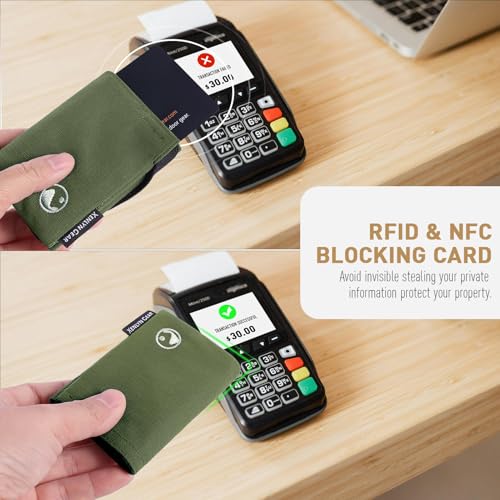 Image of Minimalist Slim Wallet for Men, Heavy Duty Ripstop Nylon Trifold Wallet, Water Resistant Durable Front Pocket Wallet with Elastic Band, Large Capacity, Includes 1 RFID Blocking Card, Green