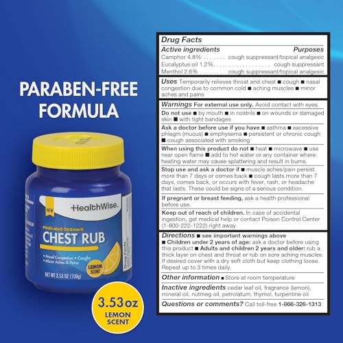 Image of HealthWise Medicated Chest Rub | Refreshing Lemon Scent | Cough Suppressant | Relieves Nasal Congestion | Relieves Minor Aches and Pains | 3.53 oz.