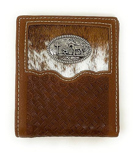 Western Genuine Woven Leather Cowhide Mens Bifold Short Wallet in Multi Emblem (Praying Cowboy)