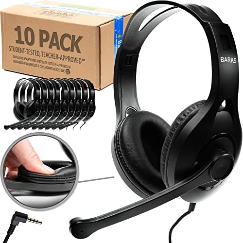 Barks Classroom Headphones With Microphone (10 Pack) – On-Ear Bulk Headphones With Microphone: Best for Students K-12 Schools (Rotating Boom Mic, Good Recording Quality, Durable Design, Easy-to-Clean)