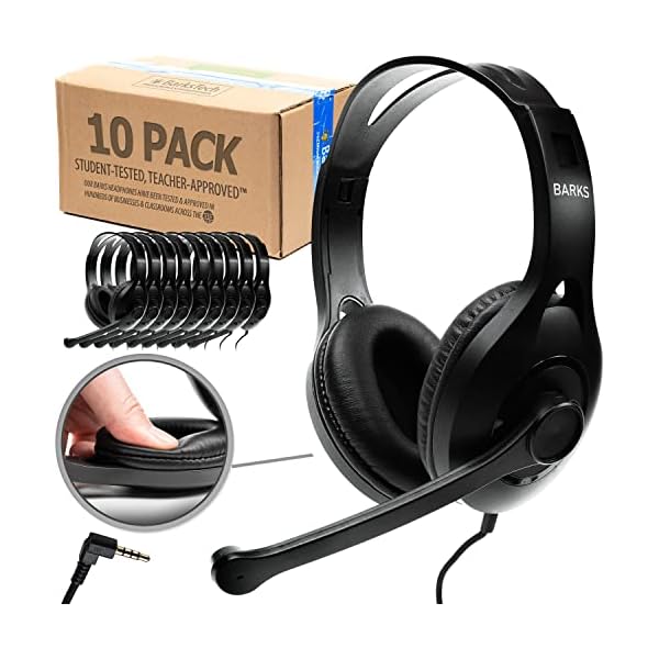 Barks Classroom Headphones With Microphone (10 Pack) – On-Ear Bulk Headphones With Microphone: Best for Students K-12 Schools (Rotating Boom Mic, Good Recording Quality, Durable Design, Easy-to-Clean)