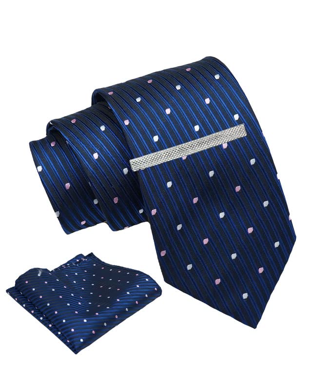 Tie for Men – Dotted Silk Neck Ties Set with Cufflinks Flower Pin, Pocket Square & Black Gift Box, Combo Necktie Sets for Office Wear, Formal Suits & Weddings (Navy, AXNW32)-image-8