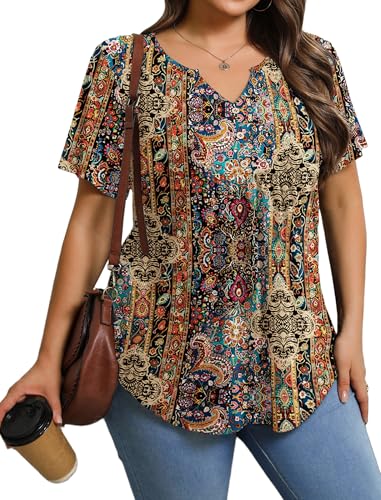 IN'VOLAND Womens Plus Size Tunic Top Summer Short Sleeve T-Shirt V-neck Button Up Dressy Blouse Casual Pleated Pullover 1X-5X2