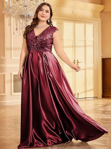 Image of Plus Size Satin Mother of the Bride Formal Gown for Wedding Sleeveless V-Neck Evening Dress