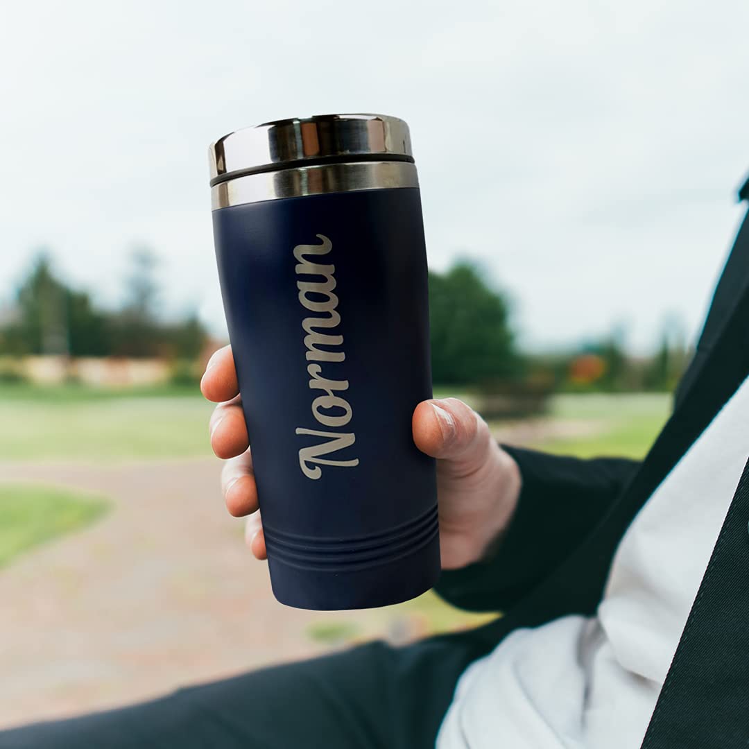 Hoolaroo Personalised Travel Mug Engraved Reusable Coffee Cups Portable Personalised Mugs Vacuum Insulated Thermal Coffee Flask Hot Drinks Cup with Lid Personalised Mugs for Mum Navy