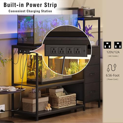 Image of 20 Gallon Aquarium Stand with Power Outlets Fish Tank Stand with 3 Drawers Metal Frame Heavy Duty Reptile Tank Stand with 3-Tier Storage Shelves,Left /Right Assembly, Adjustment Height (Black)