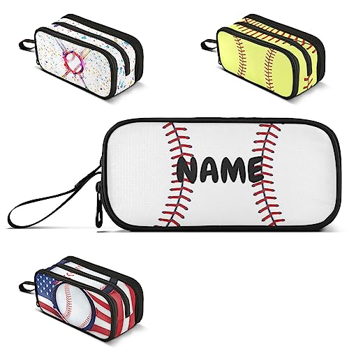 Image of Personalized Baseball Large Capacity Pencil Case Pencil Pouch Pen Box | 3 Compartment Large Storage Pencil Bag for Adults School Office Teen Girl Boy Men Women