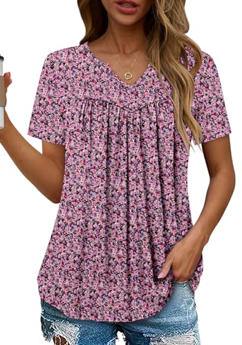 KISSMODA Tops for Womens Summer Cute Short Sleeve Shirts Trendy Notched Neck Blouses Casual Loose Pleated Tunics S-3Xl