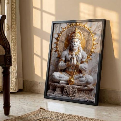 Image of CRAFTLYN Hindu God Wall Art WALL ART Prints Framed Spiritual Religious Paintings for Living Room, Pooja Room, Bedroom, Office, Meditation Room, Home Decor (Hanuman ji, 13X19, Black)