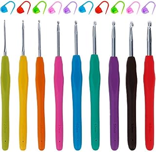 Anpro 9 Pack High Quality Aluminium Crochet Hooks Needles with Colourful Soft Rubber Grip Handles with 10 pcs Knitting Crochet Locking Stitch Markers