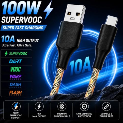 Image of Type C Cable Fast Charging - 100W | Warp /Dash Charge Compatible, Nylon | For All OnePlus & Type C Devices | Tangle Free USB A to Type C Cable | Fast Data Sync & Smart Protection Chip, 1.2m Long