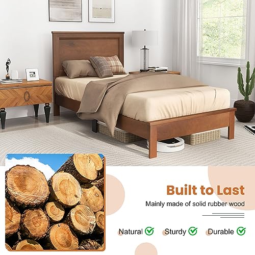Image of GIANTEX Wood Twin Bed Frames with Headboard, Mid Century Platform Bed Frame with Solid Wood Legs & Wooden Slat Support, Twin Bed Frames for Kids Adults, Walnut Bed