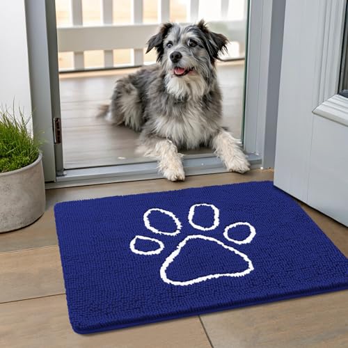 Image of Smiry Dog Door Mat for Muddy Paws, Absorbent Dirt Trapper Non Slip Quick Dry Washable Chenille Mat for Mud Dogs, Entry Rug for Indoor and Outdoor (24x16 Inches, Navy Blue and White)