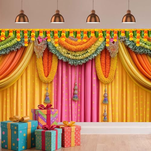 Image of 12x10FT Indian Pooja Backdrop, India Religious Festival Diwali Puja Ganpati Photography Background Marigold Pink Yellow Curtain Banner for Wedding Party Decor Photo Prop