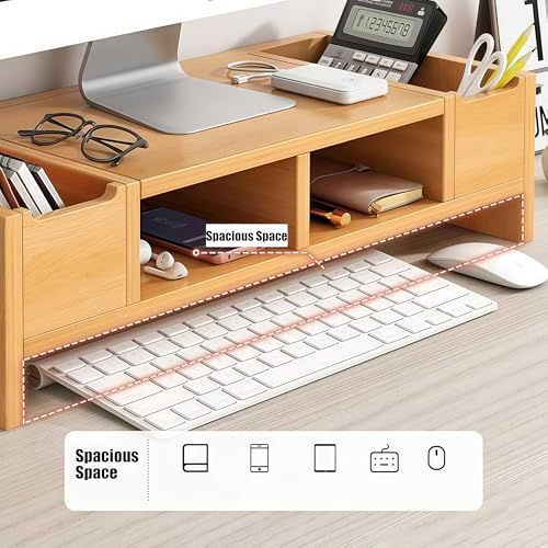 Supporto salvaspazio in legno per monitor con cassetto, 2 ripiani, per computer e TV a schermo piatto, elegante supporto da scrivania per casa e ufficio