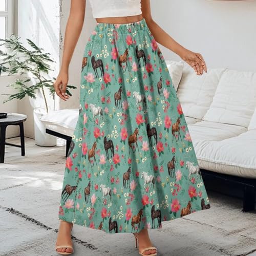 Long Skirts for Women with 2 Side Pockets A-Line Maxi Length Skirt Elastic Waistband S to 2XL Floral Printed Summer3