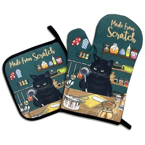 Made from Scratch,Funny Oven Mitts and Pot Holders Sets of 2,Silicone Non-Slip Oven Mitts,Kitchen Gift for Men Women,Cooking Baking BBQ Gifts,Cat Oven Mitts,Cat Lover Gift Cover