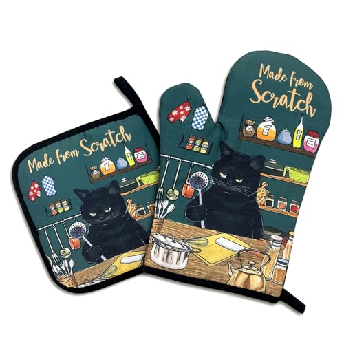 Made from Scratch,Funny Oven Mitts and Pot Holders Sets of 2,Silicone Non-Slip Oven Mitts,Kitchen Gift for Men Women,Cooking Baking BBQ Gifts,Cat Oven Mitts,Cat Lover Gift