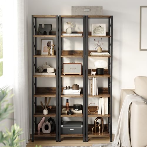 IDEALHOUSE Narrow Bookshelf Tall Skinny Bookcase 6 Tier Storage Rack Rustic Corner Shelf Metal Frame Small Freestanding Bookshelves Industrial Display Stand for Bedroom, Living Room, Home Office