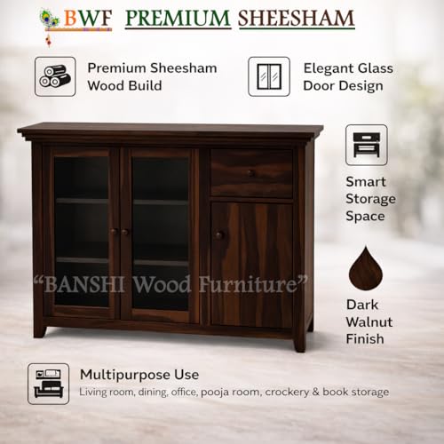 Image of BWF Premium Sheesham Shining Glass Door Storage Cabinet for Home, School, Office, Shop, Medical Clinic & Garage | Best Choice of Kitchen Crockery Storage | Wooden Chest (Walnut)