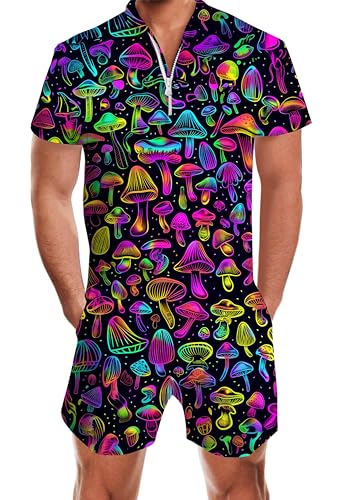 Goodstoworld Men Neon Rompers Adult Male Mushroom Romper Overall Bro Guys Zipper Jumpsuit Jumper Rave One Piece Outfits for Disco Halloween Party