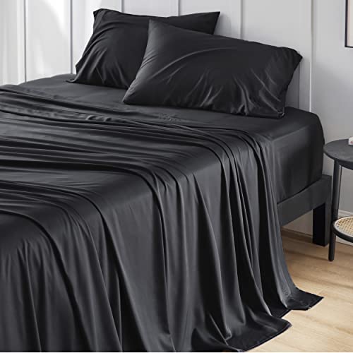 Bedsure Queen Sheets, Rayon Derived from Bamboo, Queen Cooling Sheet Set, Deep Pocket Up to 16', Breathable & Soft Bed Sheets, Hotel Luxury Silky Bedding Sheets & Pillowcases, Black