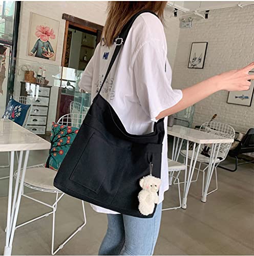 Image of Cotton Tote Handbag Women Canvas Crossbody Beach Bag Hobo Shoulder Tote Bag with 3 External Pocket,Zipper Closure