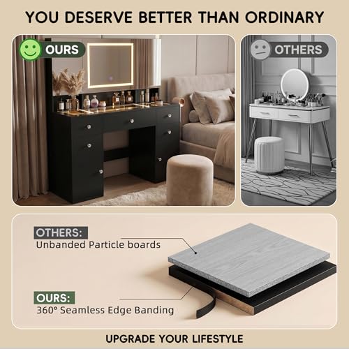 Image of YESHOMY Makeup Table with Power Outlet and Hair Dryer Holder, 3 Folden Mirror with Hidden Storage Shelves, 3 Drawers and 2 Storage Cabinet, for Bedroom, Black