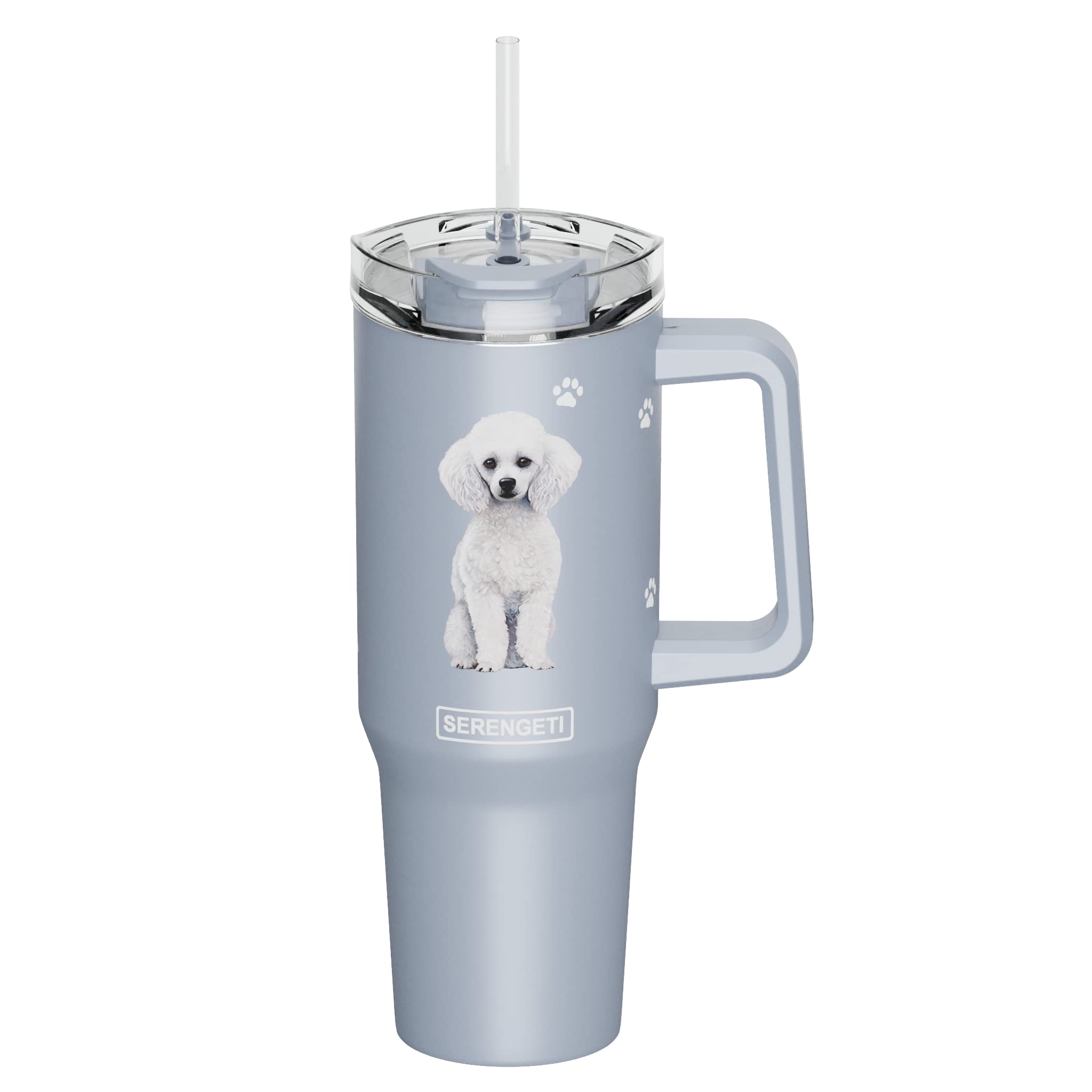 SERENGETI 40 Oz Ultimate Tumbler with Handle and Straw - Vacuum Insulated Tumbler with Straw and Lid - Stainless Steel Travel Mug for Pet Lovers - 3D Designs of your favorite Dog (Poodle)