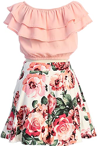 Image of Cold Shoulder Crop Top Ruffle Layered Top Flower Girl Skirt Sets for Girl