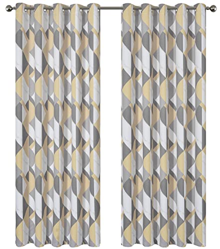 Olivia Rocco Printed Blackout Eyelet Curtains Black Out Thermal Insulated Ring Top Curtain Room Darkening Pair Window Treatment for Living And Bedroom Geo Grey/Ochre 55 x 72
