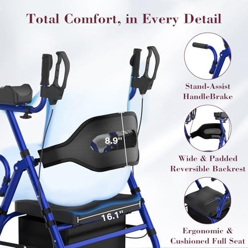 Image of Upright Rollator Walker, Heavy Duty Stand Up Walkers for Seniors with Seat and Reversible Backrest, Foldable Standing Rollator with 8 inch Anti-Slip PU Wheels, Blue
