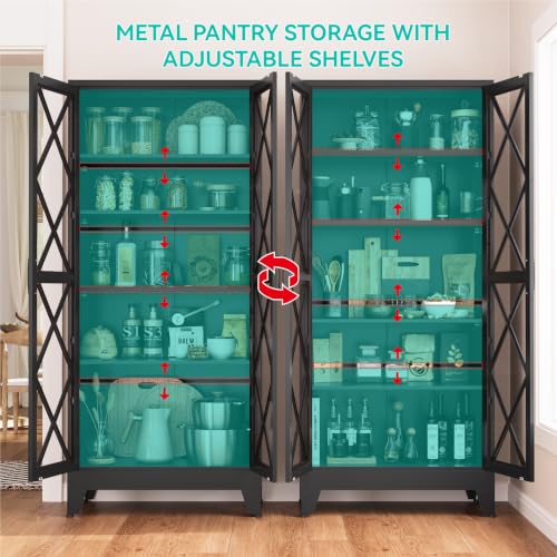 Image of Metal Storage Cabinet with Glass Doors and Adjustable Shelves | 71 inch Tall Pantry Cabinet for Kitchen Dining Room Bathroom Garage,Black,1 Pce