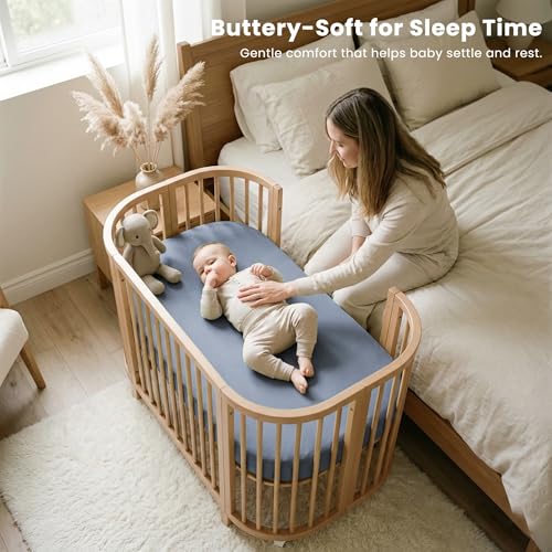 Image of Konssy 3 Pack Stretchy Bassinet Sheets for Baby Girl Boy, Soft Breathable Baby Bassinet Mattress Sheets Fit for Hourglass Oval Cradle, Moses Basket Rectangle Mattress (Blue Moon)
