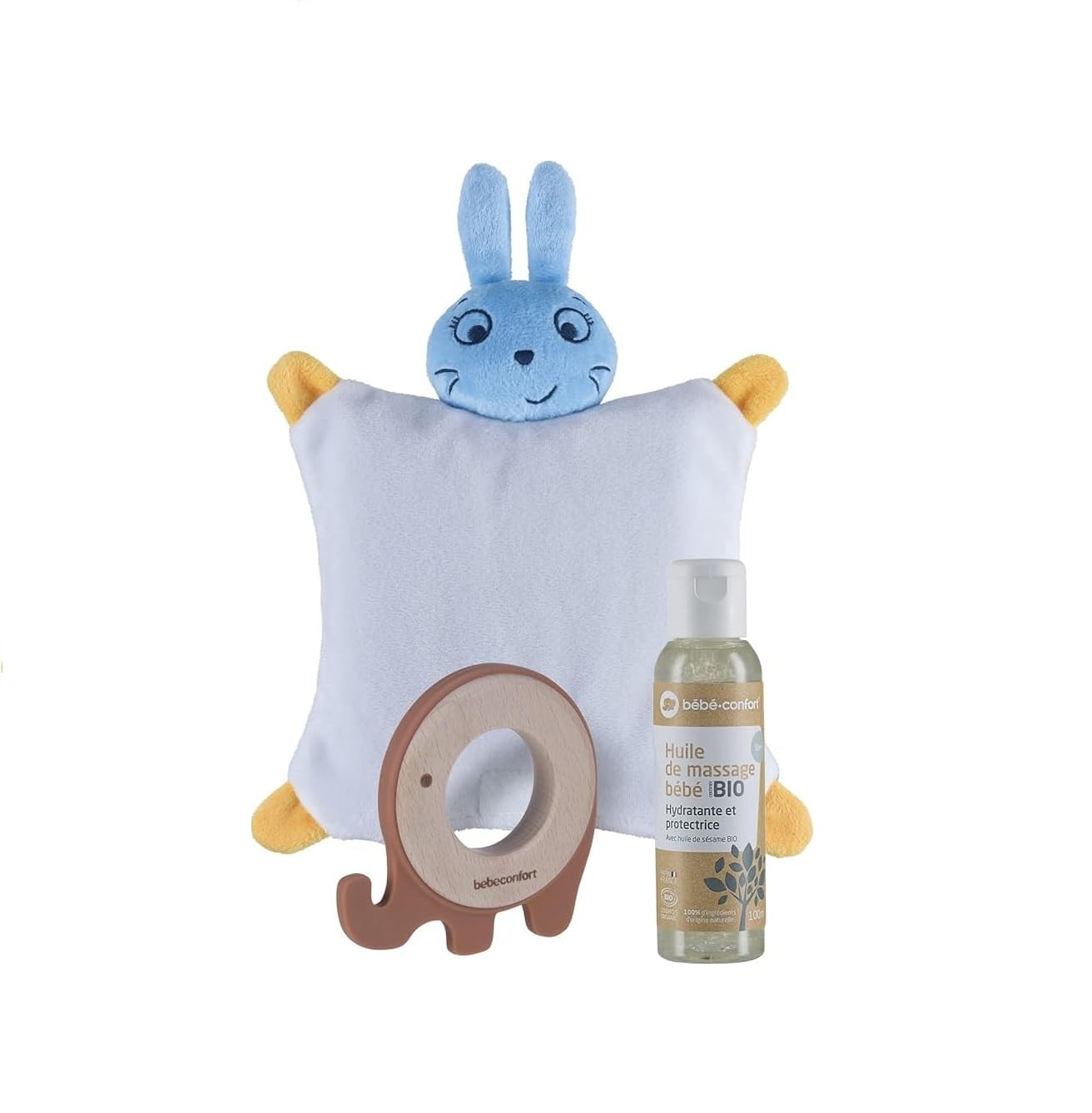 bebeconfort Wellness-Set für Babys inklusive Wärmekissen, Beißring aus Holz und Bio-Massageöl für Babys, Unisex Baby Geschenkset 0m+